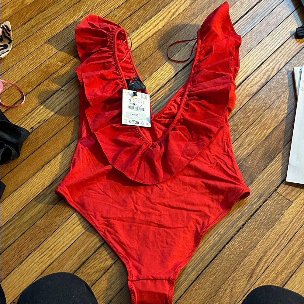 Zara Red Ruffled One Piece Swimsuit